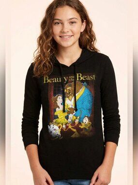 Disney Beauty and the Beast Funnel Neck Graphic T Shirt Top XS Black Long Sleeve